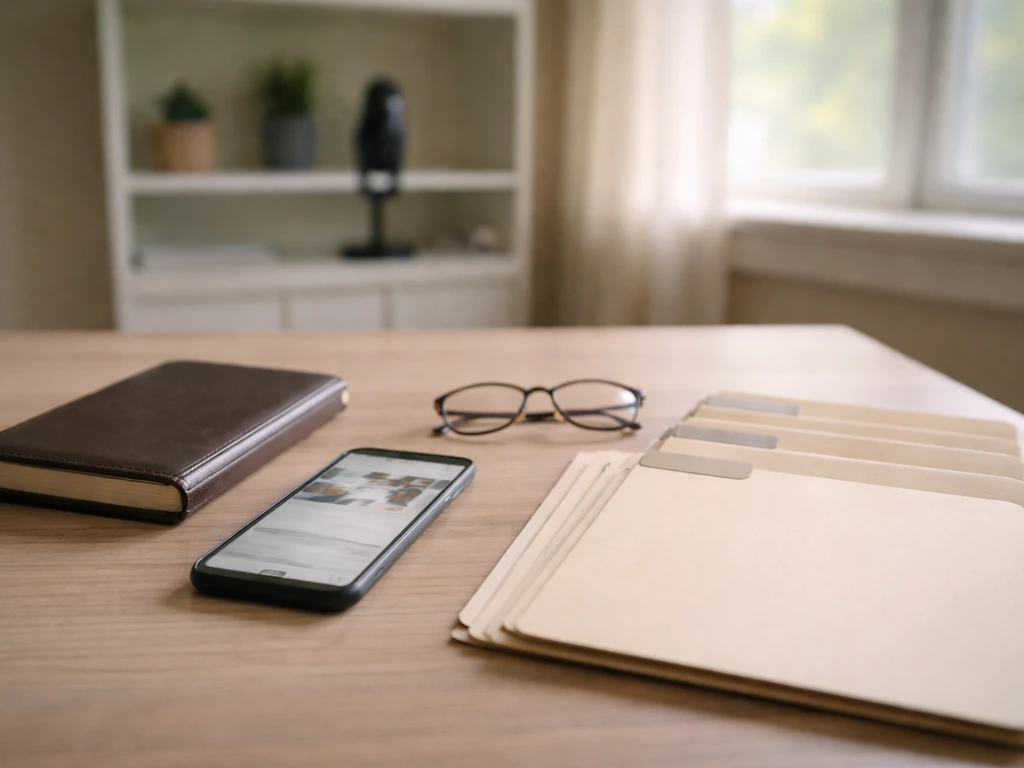 Minimal desk with notebook, glasses, smartphone, and blurred newsroom/media tools symbolizing net worth verification.