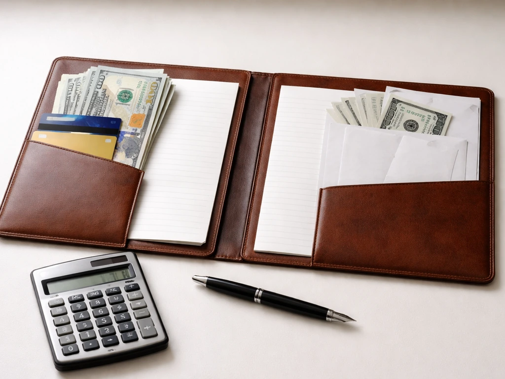 Close-up of calculator and blank papers split into asset-like cash/cards vs liability-like bills on a desk.