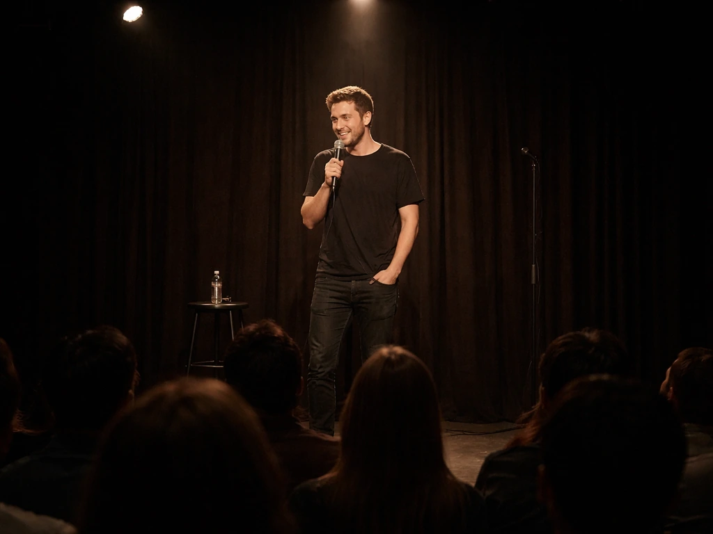 Comedian on a dim theater stage under spotlight holding a microphone during a stand-up set