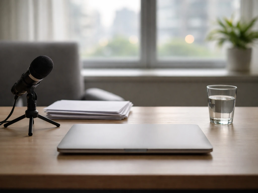 Minimal office desk scene with a laptop, studio microphone, and scattered documents suggesting business analysis.