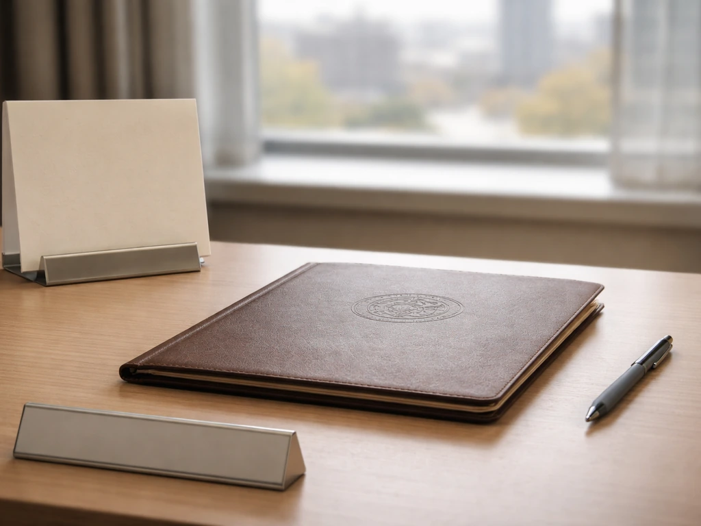 Close-up of a leather-bound foundation file folder on a desk with a muted city view outside