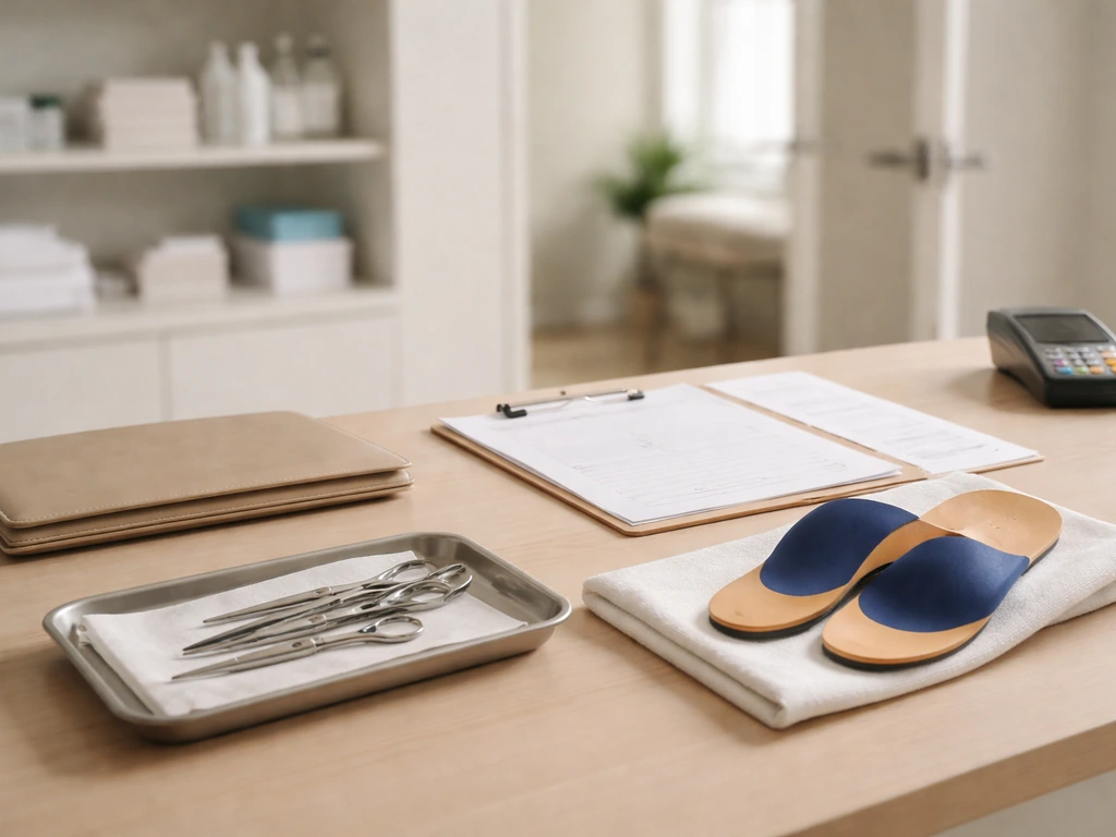 Minimal photo of a tidy orthotic clinic office with medical supplies, folders, and cashless payment vibe