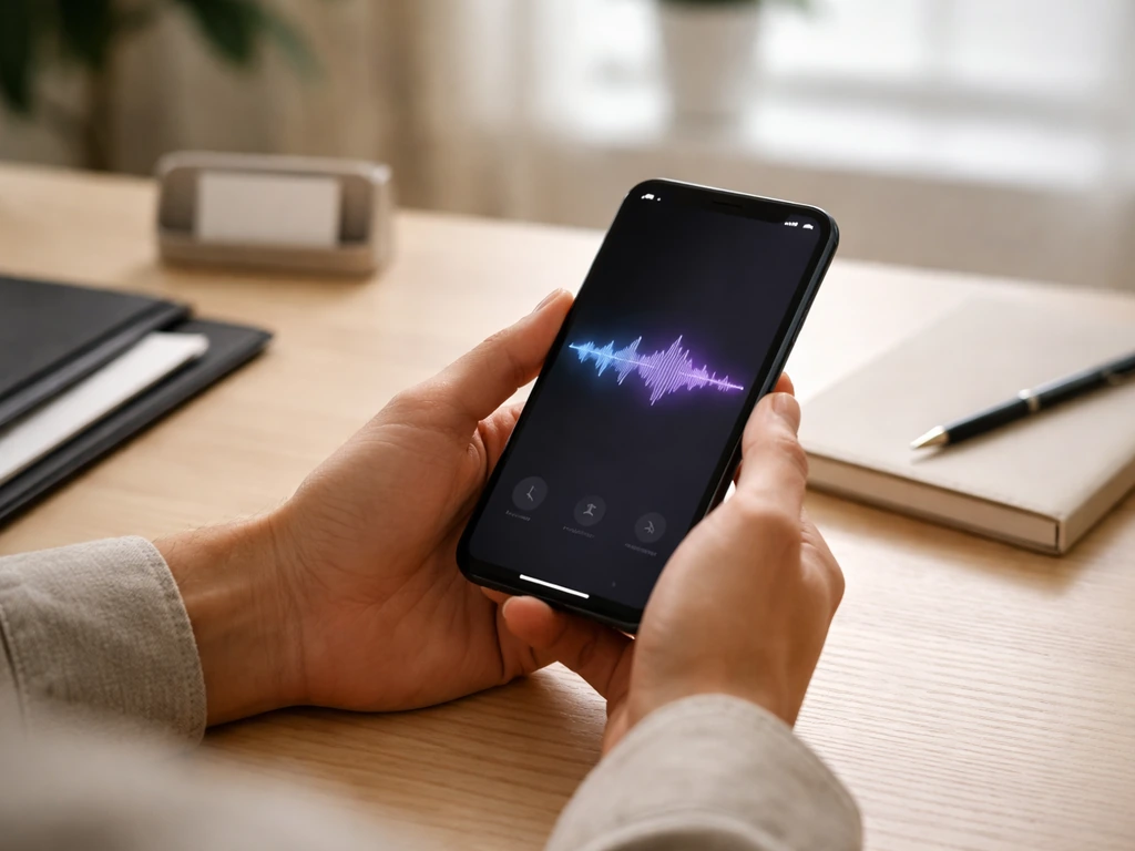 Minimal desk scene showing a smartphone with an abstract voice waveform UI concept for a social app.