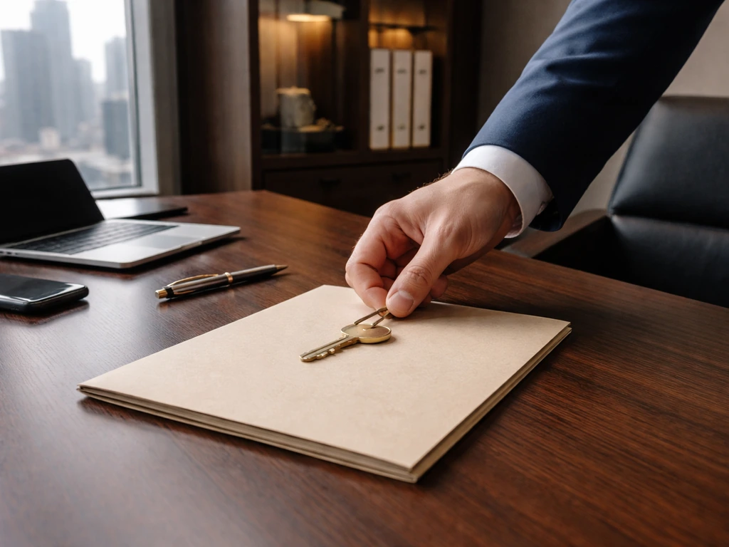 Suit-sleeved hand placing a brass key and blank folder on a finance office desk.