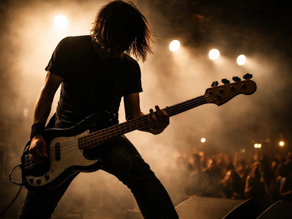 Moody concert scene with a silhouetted rock bassist under warm stage lights holding a bass guitar.
