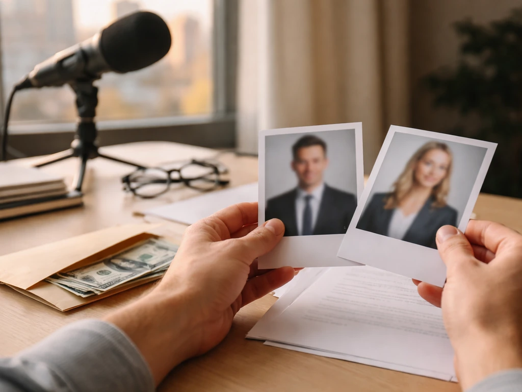 Hands sorting blank profile photos beside cash in an envelope, with a studio microphone blurred in the background.