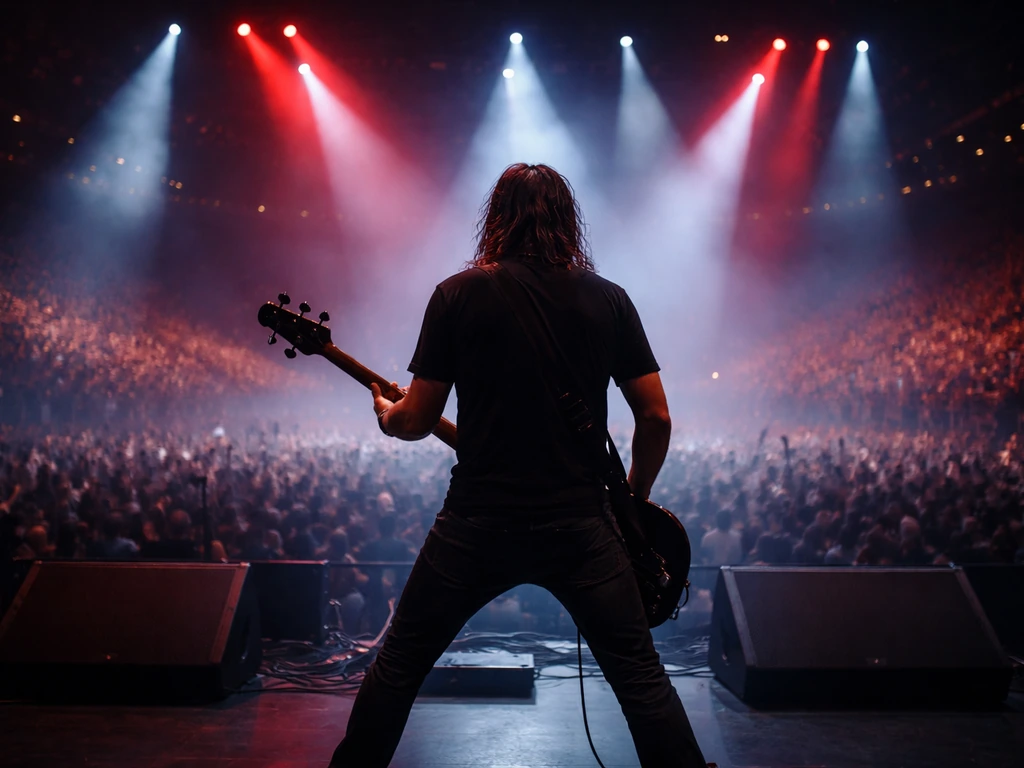Anonymous touring bassist performing on a brightly lit arena stage with a blurred crowd behind.