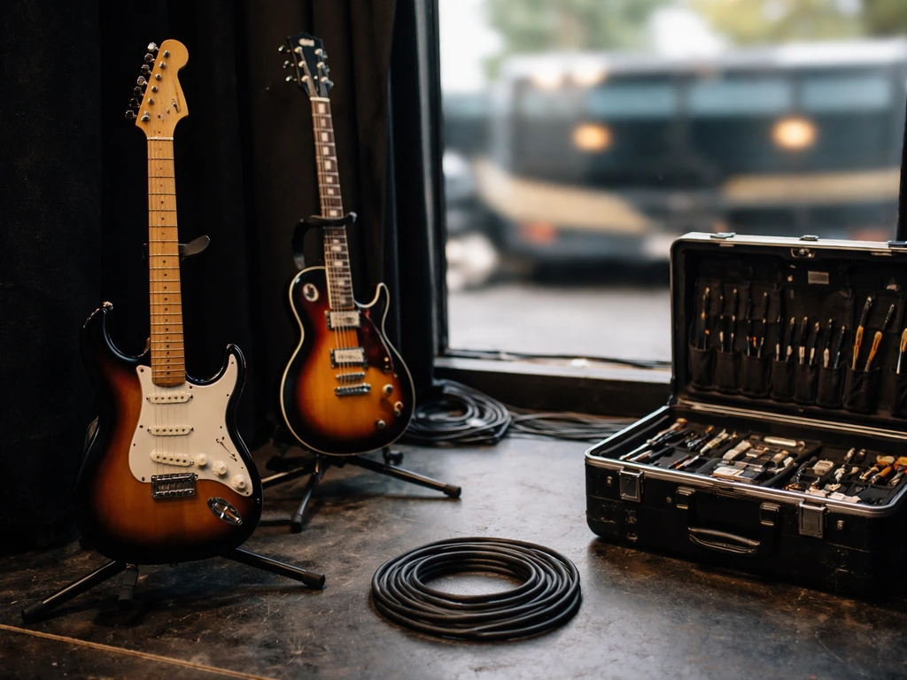 Backstage guitar tech setup with guitars on stands, tool case, and coiled cables, no people visible.
