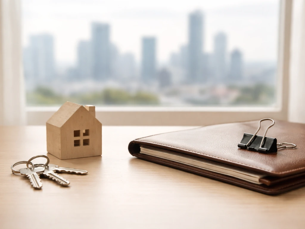 Keys, a small house figurine, and investment items on a desk with soft window city light behind.