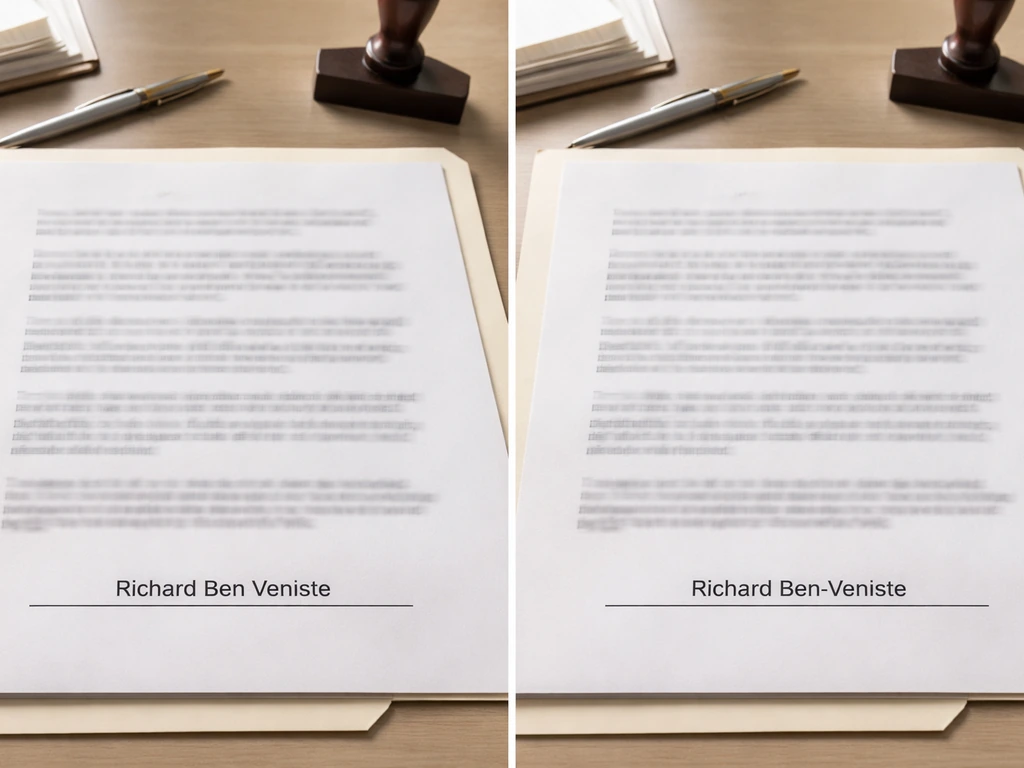 Split-screen of two official-looking documents showing two different spellings, names blurred to avoid likeness