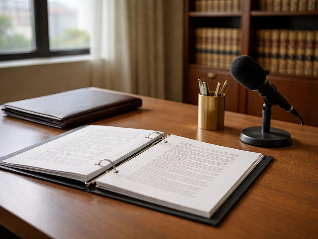 Minimal photo of a law firm desk with billing files and a desktop microphone, suggesting legal career work.