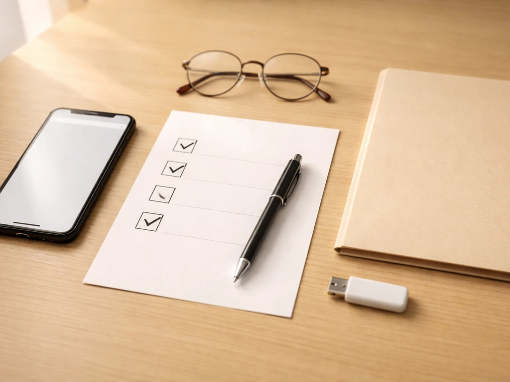 Minimal desk scene with a phone and a checklist with blank checkboxes, pen, and a USB drive.