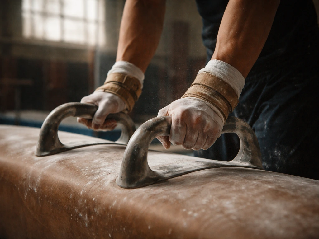 Close-up of a gymnast’s hands gripping pommel horse hardware in a quiet gym