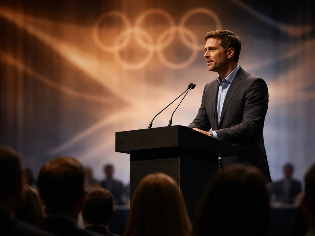 Olympic medalist-style keynote moment at a podium with a minimal arena backdrop and spotlight.