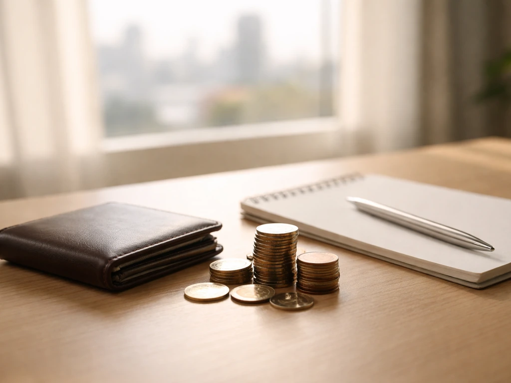 Minimal photo of a desk with a small stack of coins, a blank notepad, and a pen near a window.