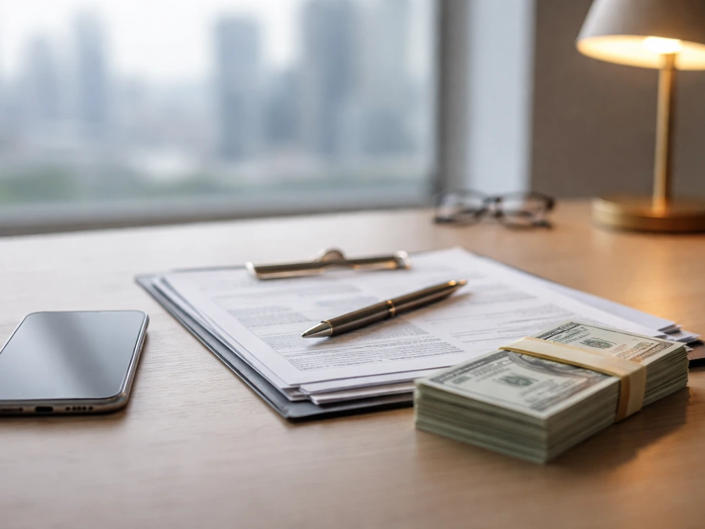 Phone and documents beside cash on a simple desk, symbolizing net-worth research and comparison.