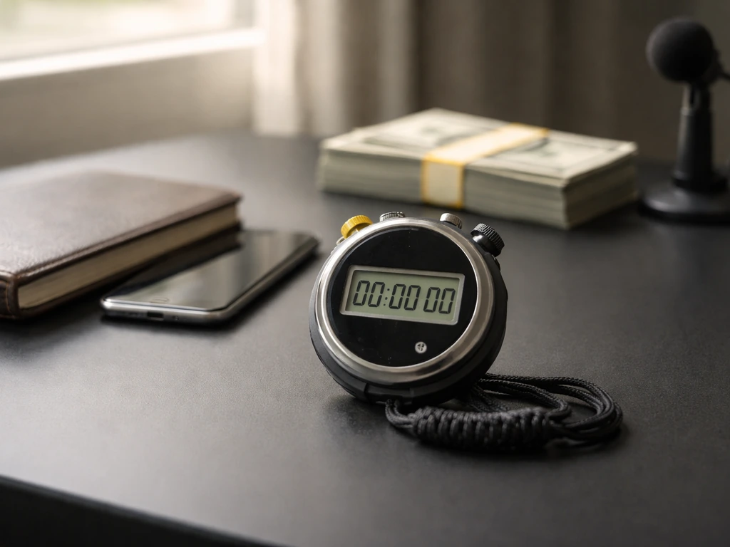 Close-up of stopwatch, microphone, and banknotes on a simple desk symbolizing racing earnings timeline.