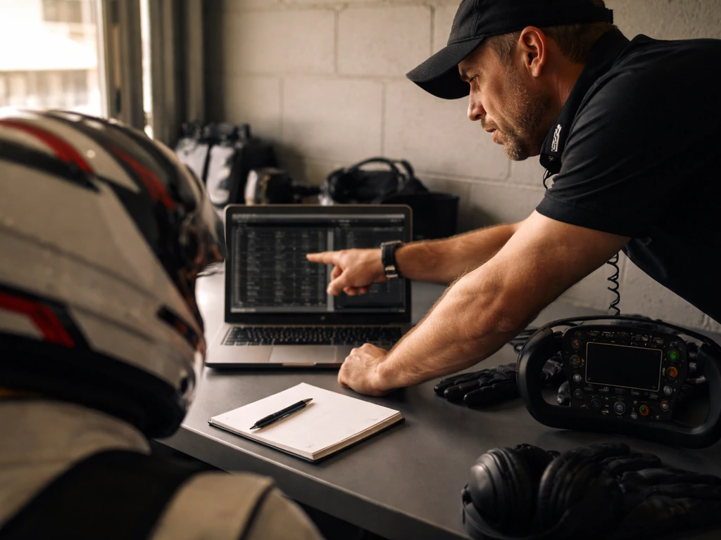 Anonymous motorsport coaching scene in a quiet garage office with helmet back and mentoring setup.