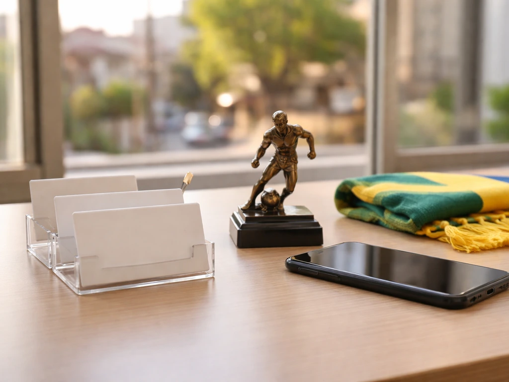 Minimal desk scene with blank cards, a football trophy, and a dark smartphone suggesting disambiguation.