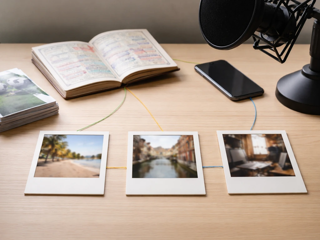 Minimal desk scene with blank photo frames, passport pages, phone, and microphone suggesting football earnings and media