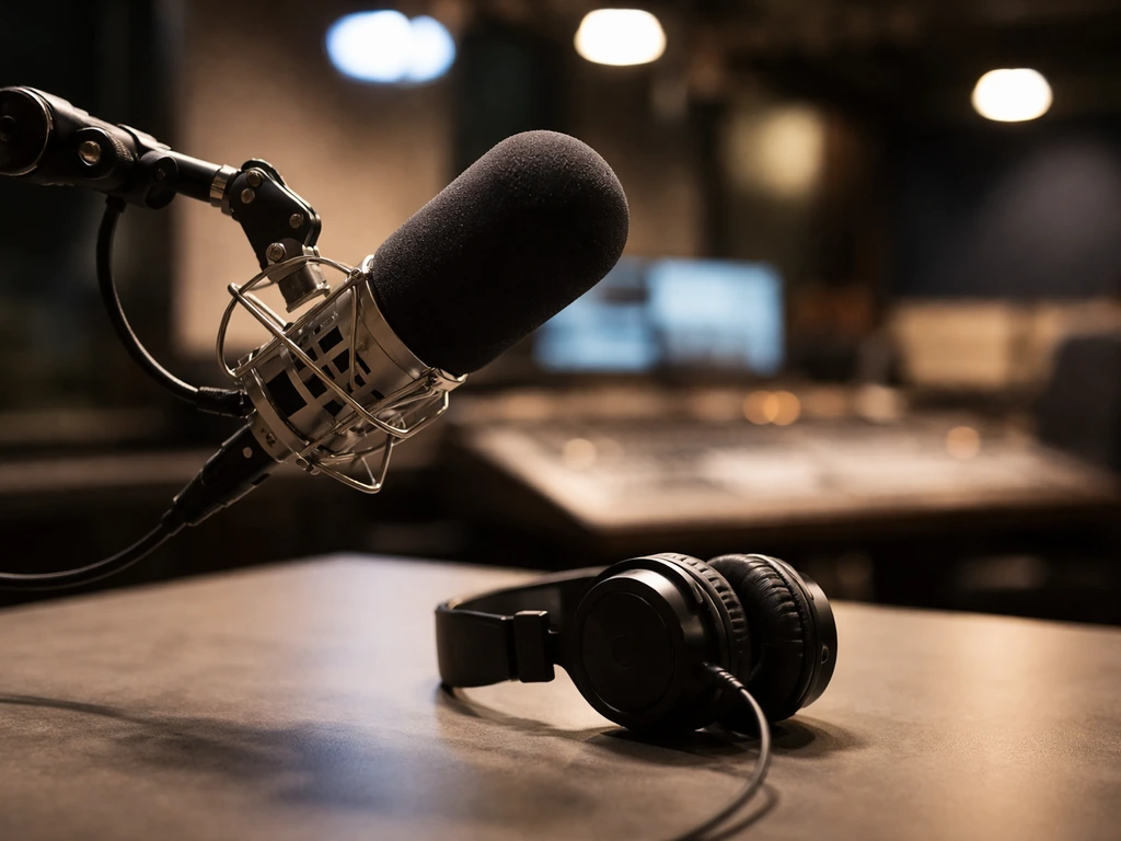 Sports broadcast studio desk with a microphone and headphones, suggesting football commentary work