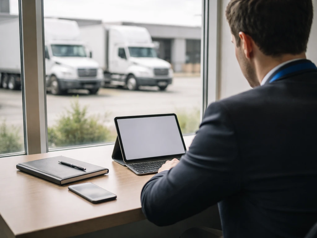 Anonymous executive working at a leasing office desk with commercial trucks visible through windows.