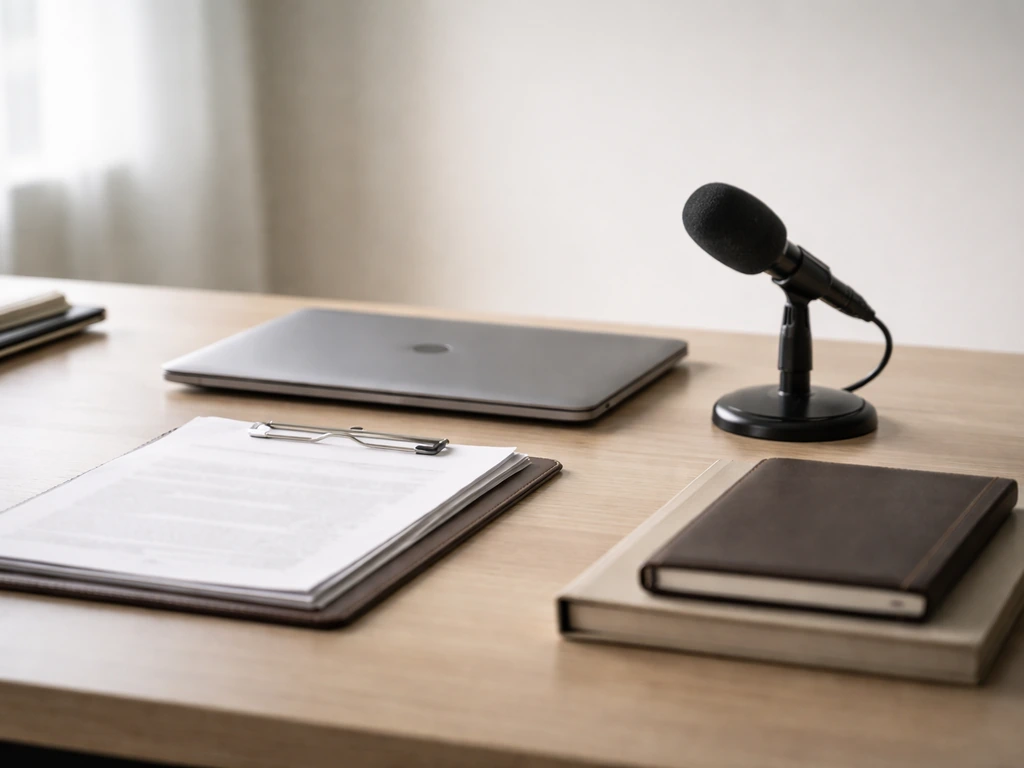 Minimal office scene with a laptop and microphone beside a neat stack of documents, symbolizing business identity checks