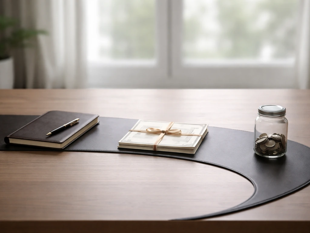 Minimal executive desk with notebook, certificate-style papers, and a coin jar arranged in a flowing trail.