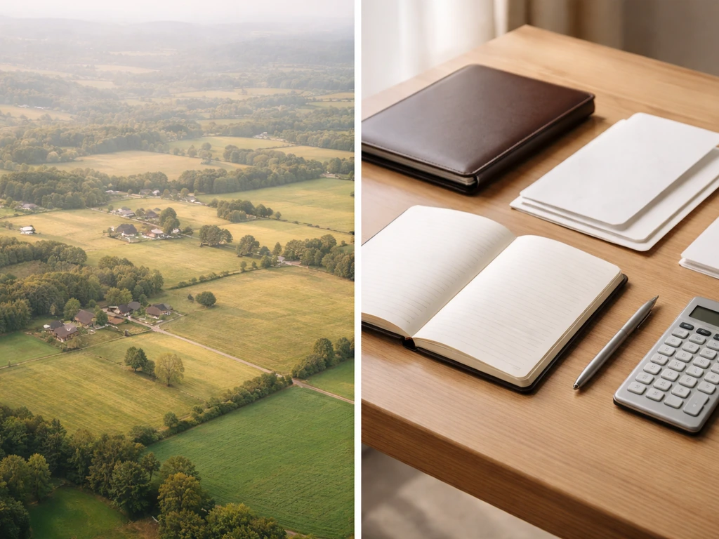 Split-scene of a rural property map-like view and a tidy investment portfolio on a desk