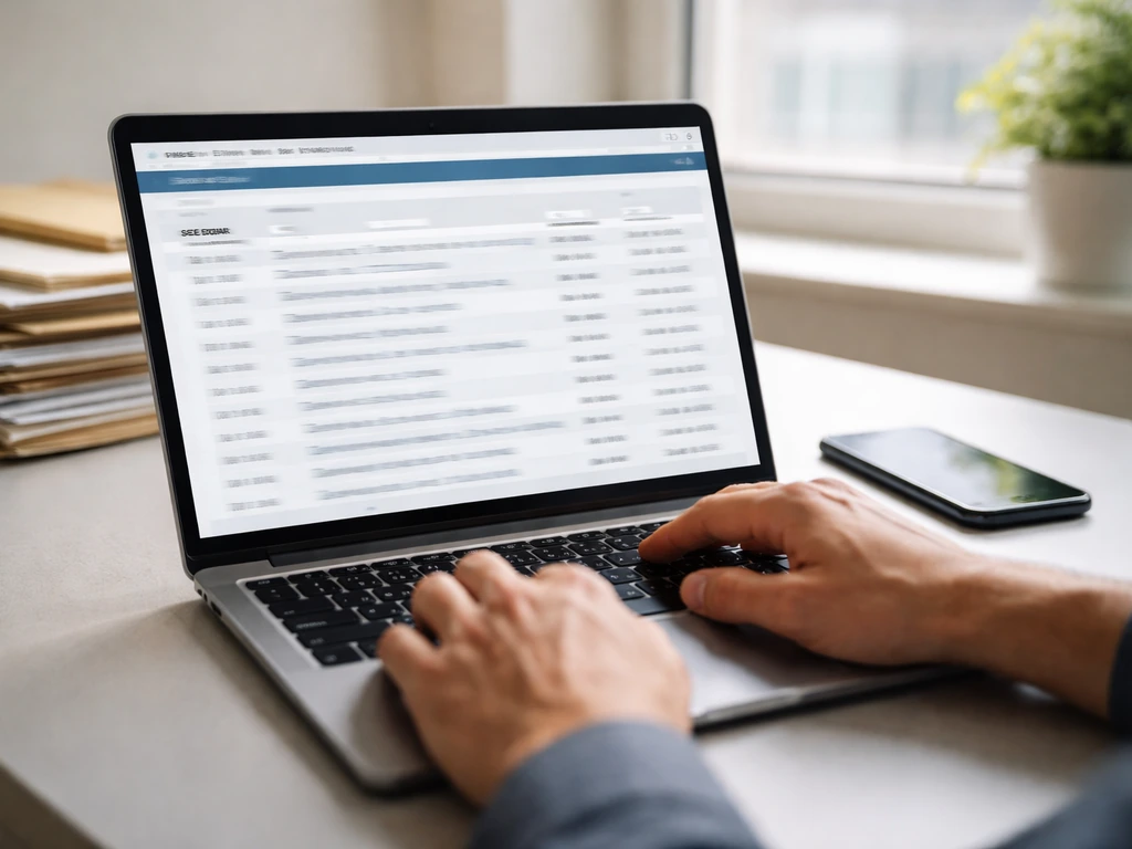 Hands reviewing a laptop browser page resembling SEC EDGAR filings in a quiet home office.