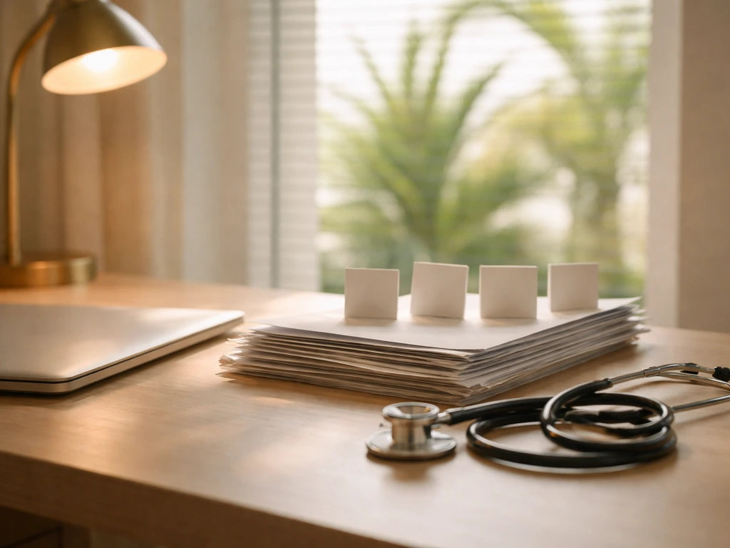 Minimal desk scene with medical documents and a laptop, symbolizing a doctor’s career timeline and income sources