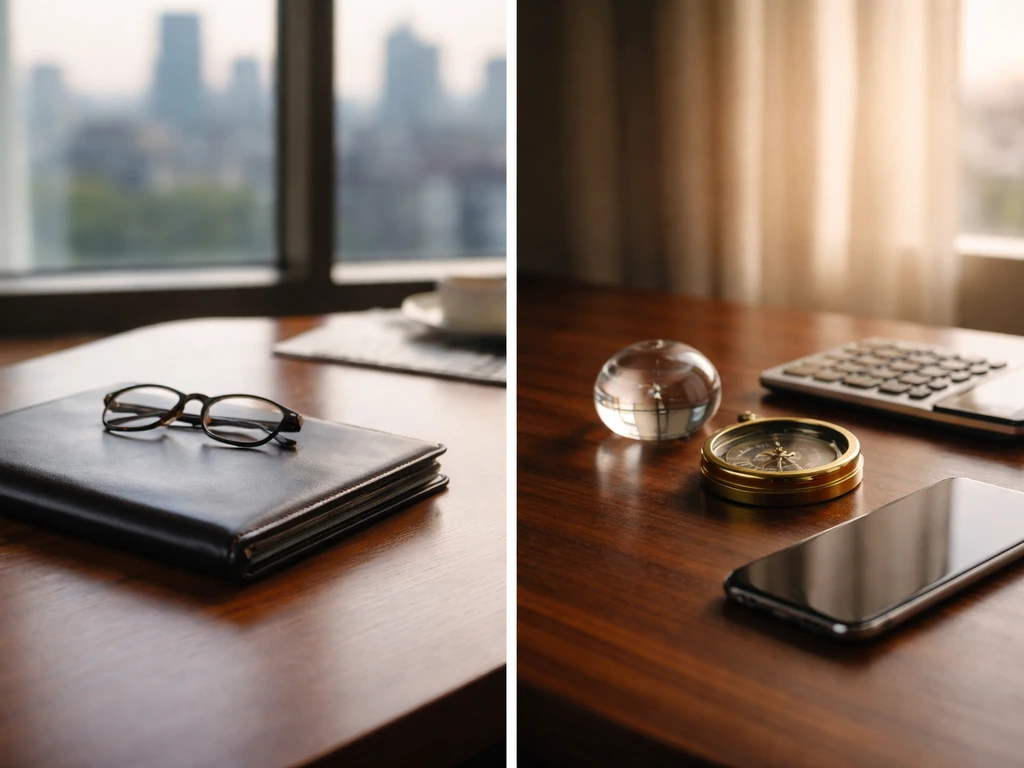 Minimal two-panel desk scene symbolizing two separate business and investment entities.