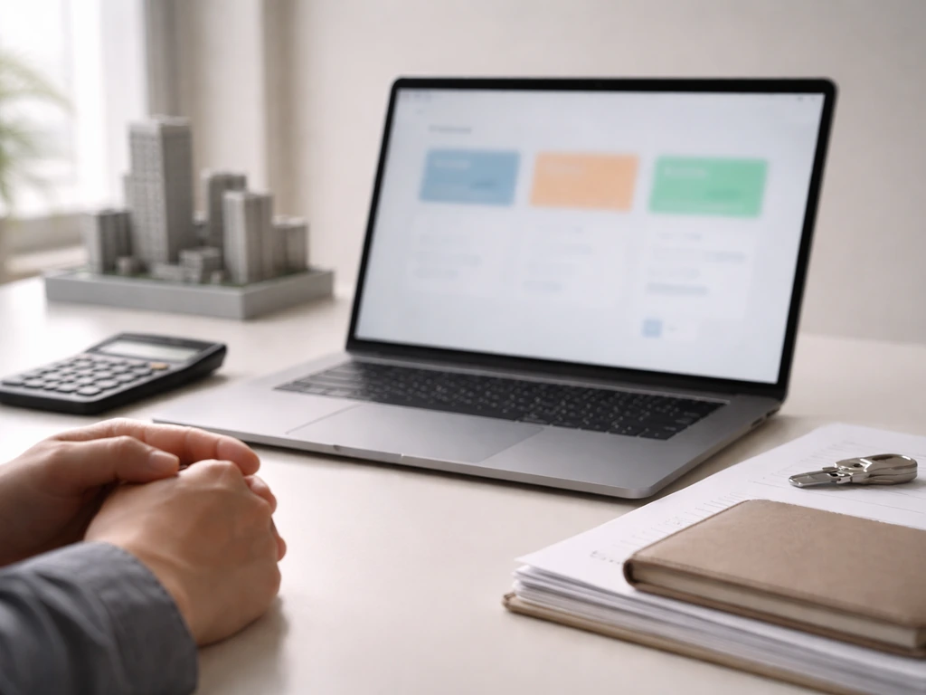 Minimal office desk with laptop showing blurred finance icons, a calculator, and scattered documents suggesting net wort