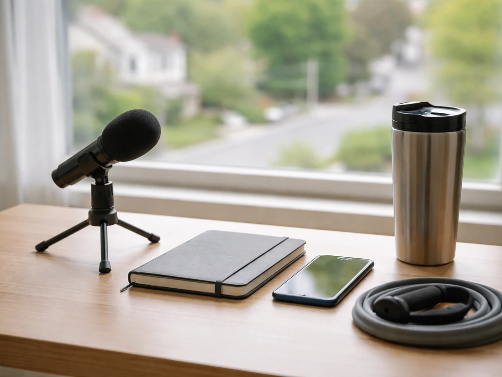 Minimal desk scene with a microphone and fitness items, symbolizing fitness media and profile verification.