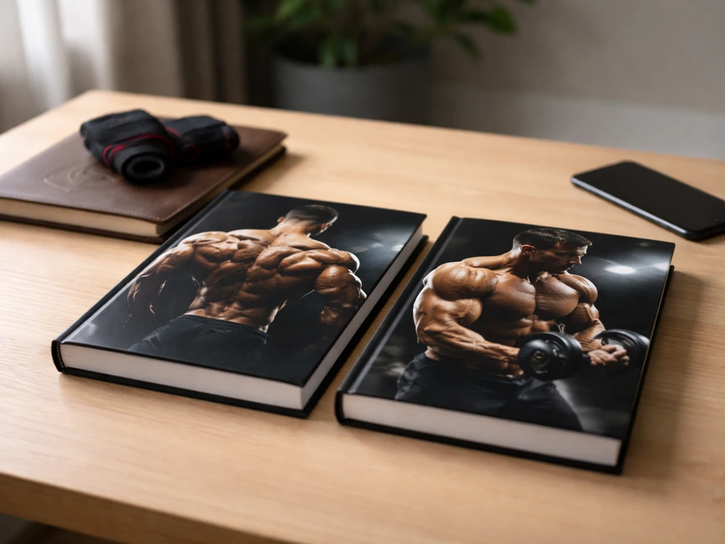 Two bodybuilding books side by side on a table with a smartphone and gym-branding items nearby