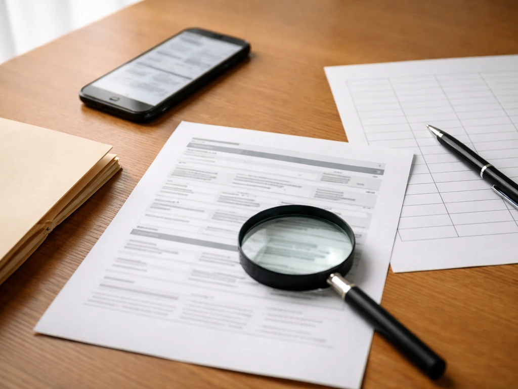 Close-up of property-record and blank spreadsheet pages on a desk with magnifying glass and pen.