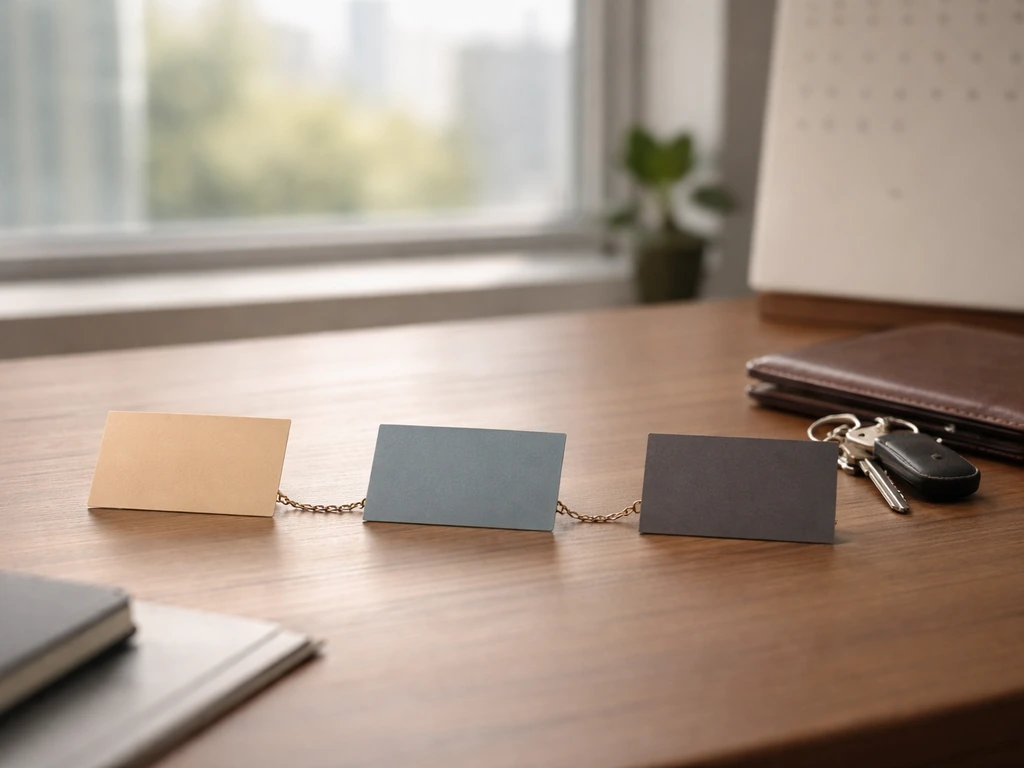 Minimal desk scene with three distinct phase markers and a simple timeline feel, symbolizing wealth growth over time.