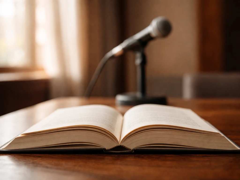 Open book on a wooden desk with a microphone nearby, suggesting speaking and author work.
