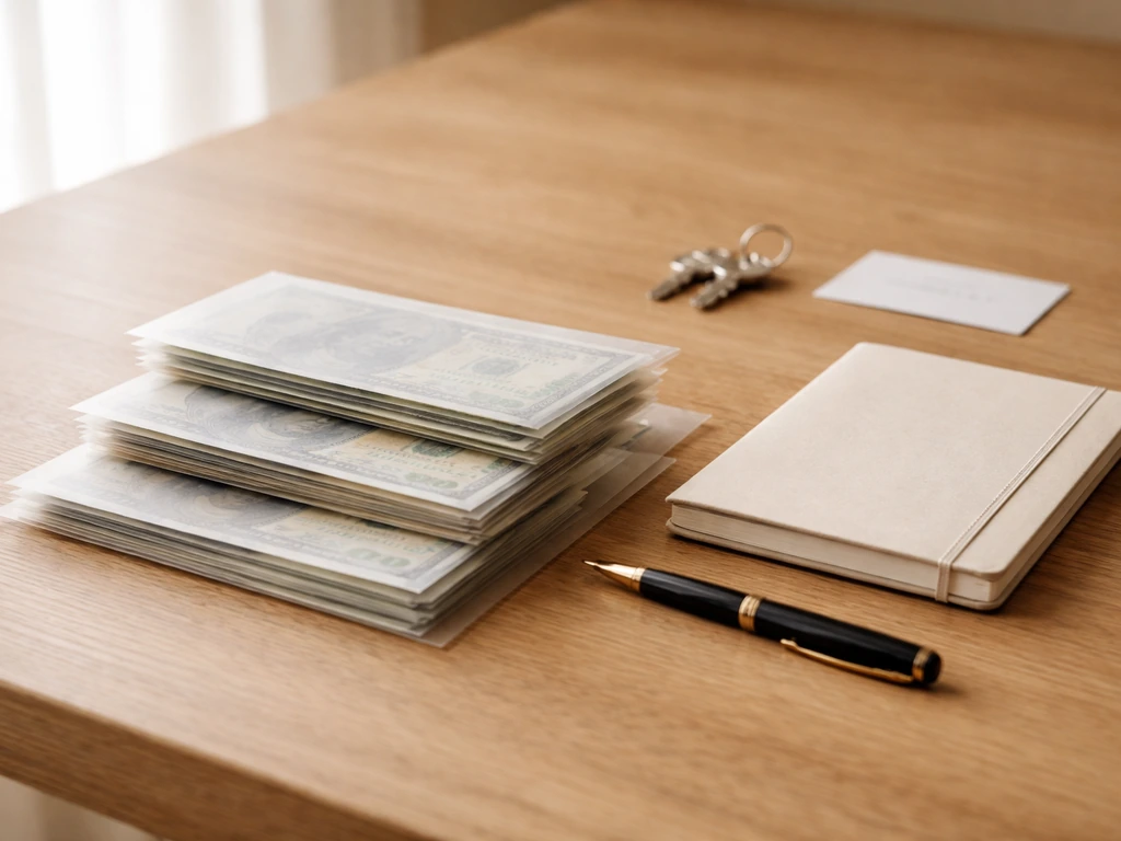 Minimal desk scene with stacked money envelopes and a notebook, symbolizing layered income sources.