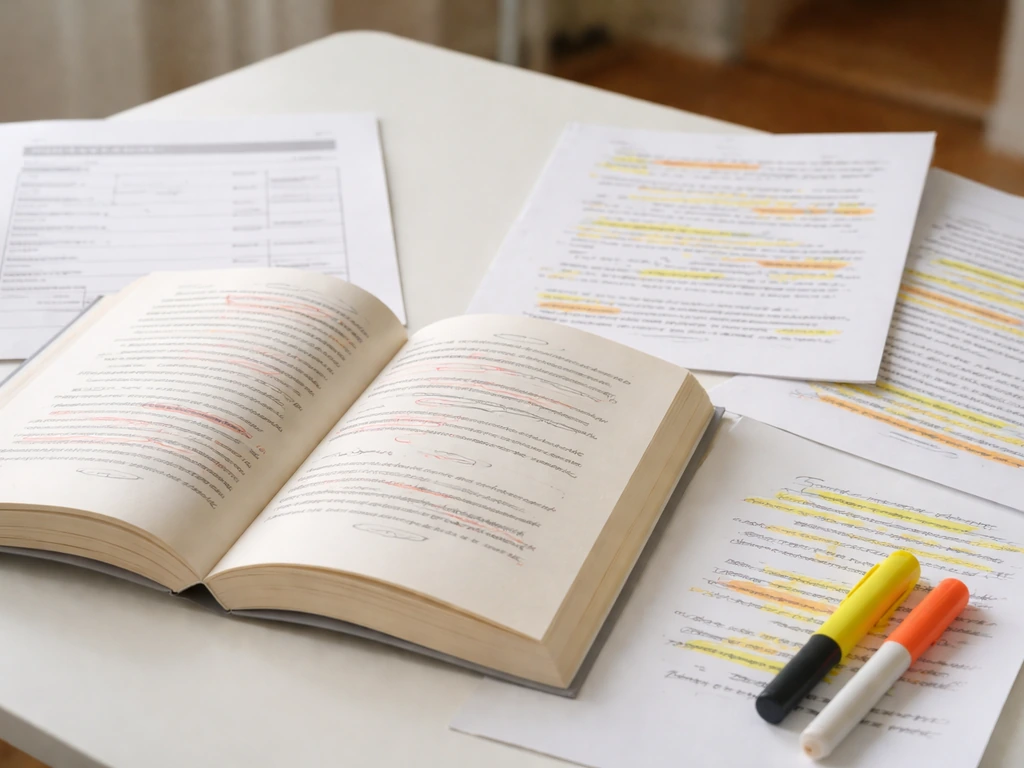 Close-up of an open book with marked pages, highlighted notes, and a blank royalty statement template sheet.