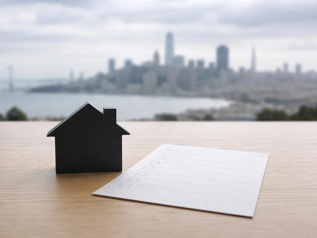 Minimal scene of a house silhouette and checklist beside a blurred Bay Area skyline, symbolizing uncertain assets.