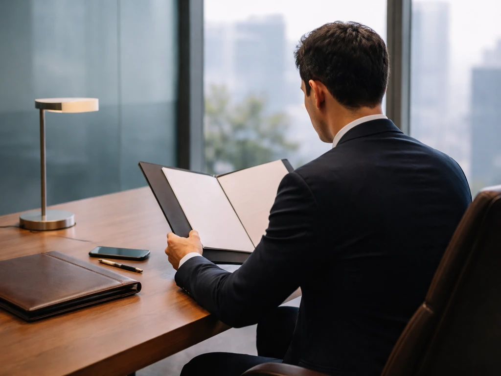 Anonymous executive reviewing a folder in a modern office with city view, suggesting corporate financial leadership.
