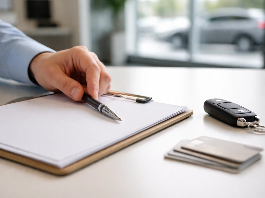 Close-up of an anonymous hand signing an auto loan document beside a car key on a desk