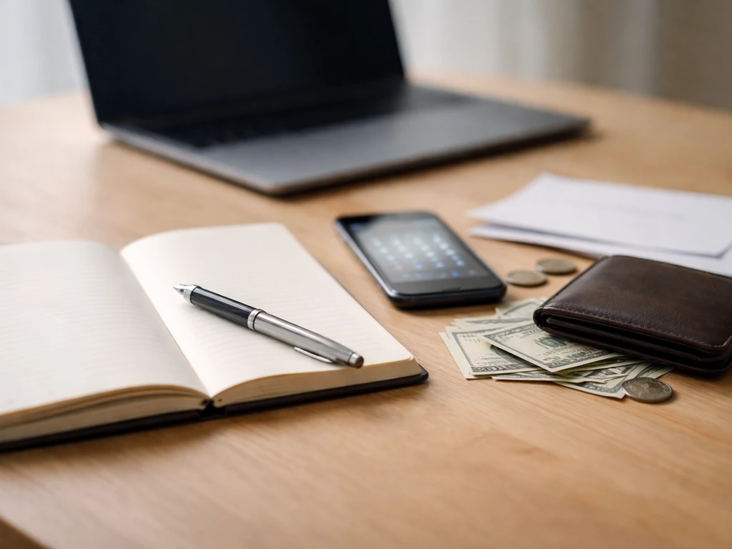 Minimal desk with blank notebook, pen, phone glow, and cash symbolizing financial estimates.