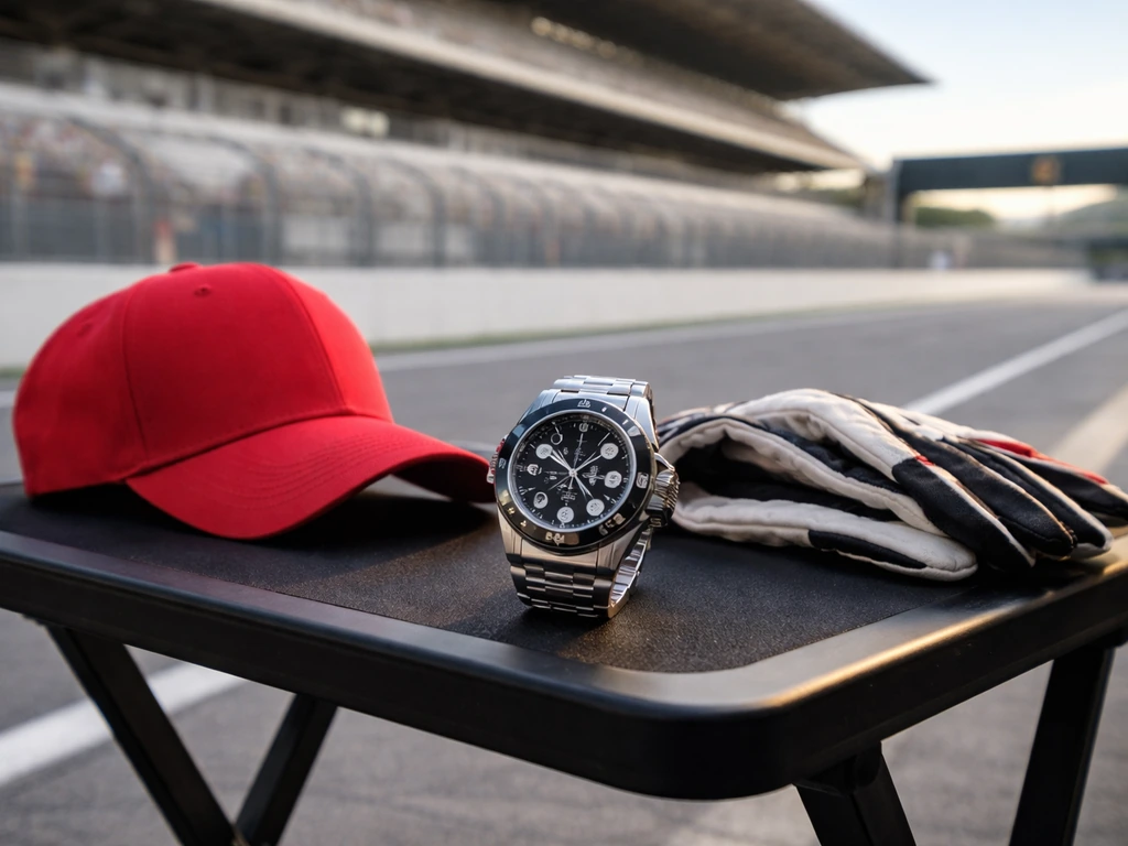 Rolex-branded luxury watch and a red Formula 1 racing cap on a trackside table, symbolizing sponsorship