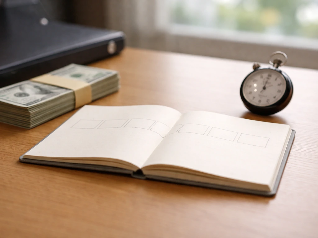 Close-up of a notebook timeline with cash and a stopwatch on a desk, symbolizing year-by-year wealth growth.