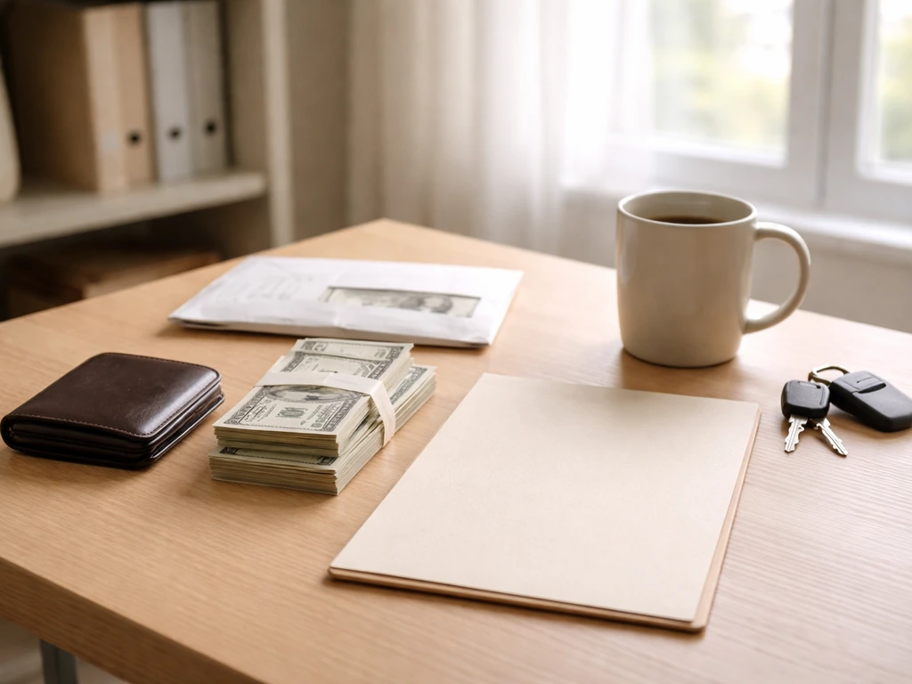 Minimal desk scene with wallet and money, symbolizing assets versus liabilities for net worth.