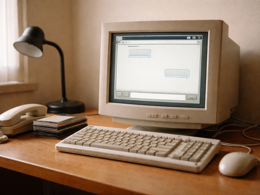 Vintage instant messaging hardware on a desk, evoking the early ICQ/Mirabilis era
