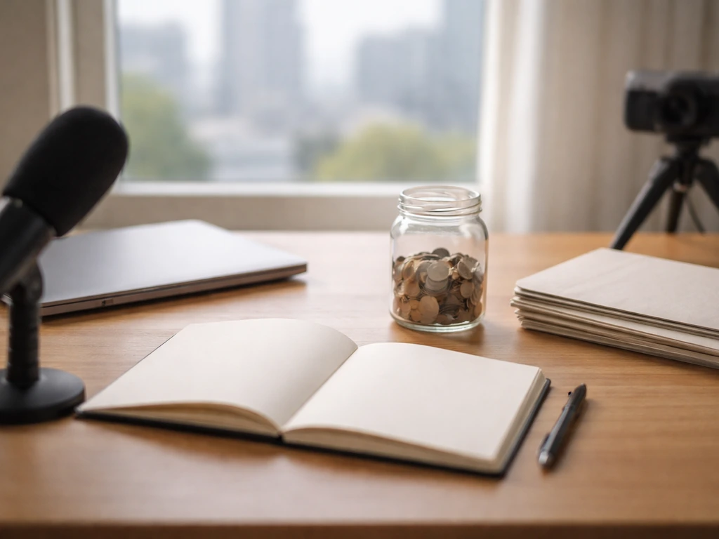 Minimal office desk with coins and documents, suggesting venture wealth analysis without any text or charts.