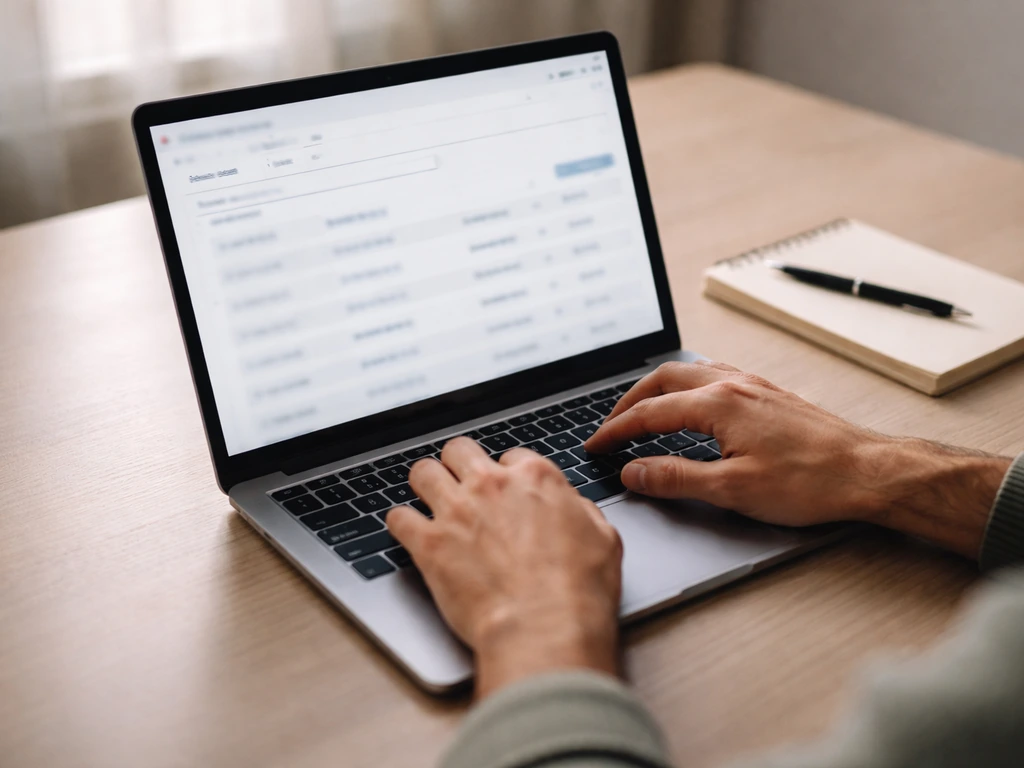 Anonymous hands checking a blurred company registry search on a laptop desk for net worth verification.